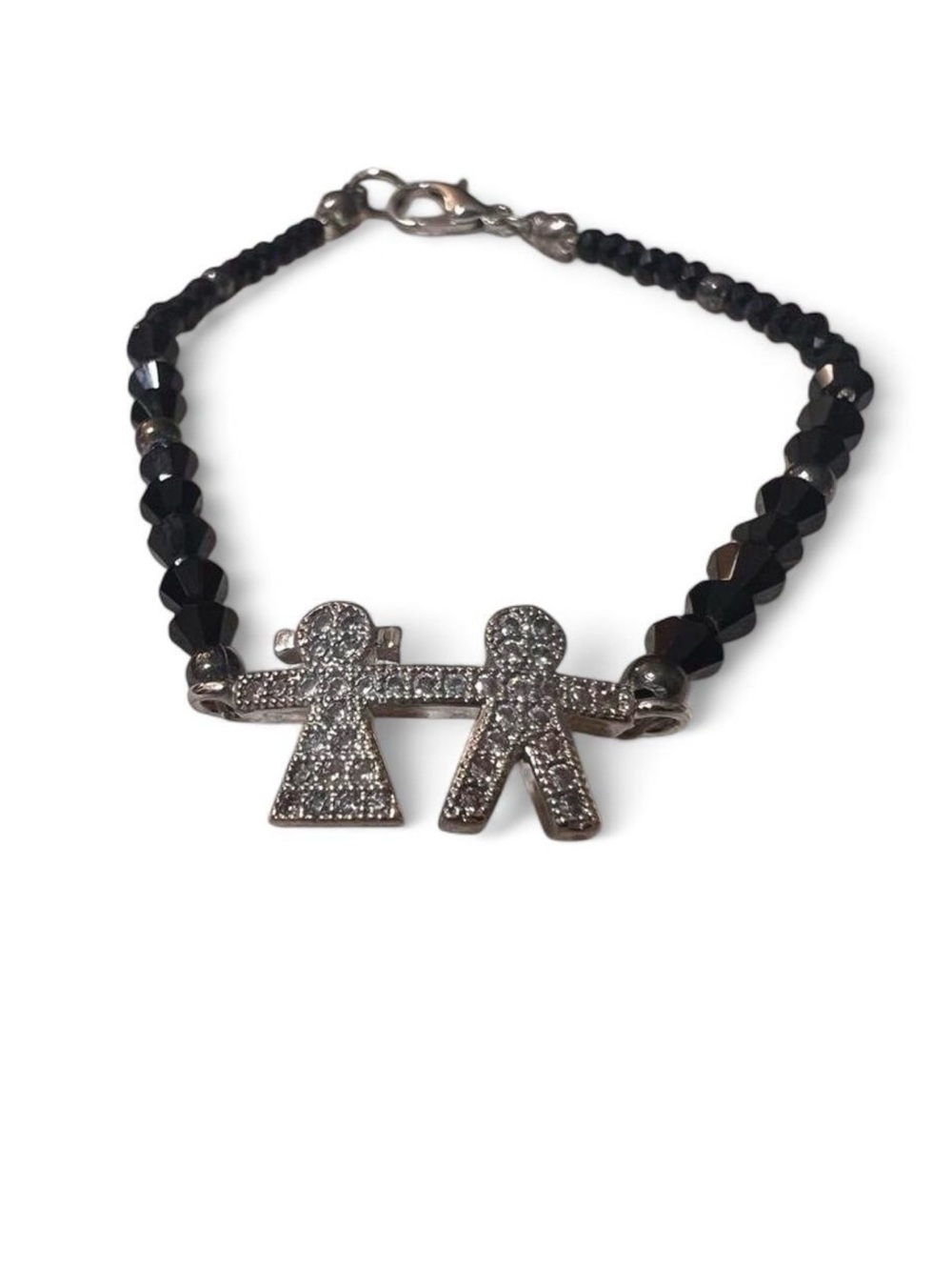 Couples charm bracelet with black beads and rhinestone detailing.
